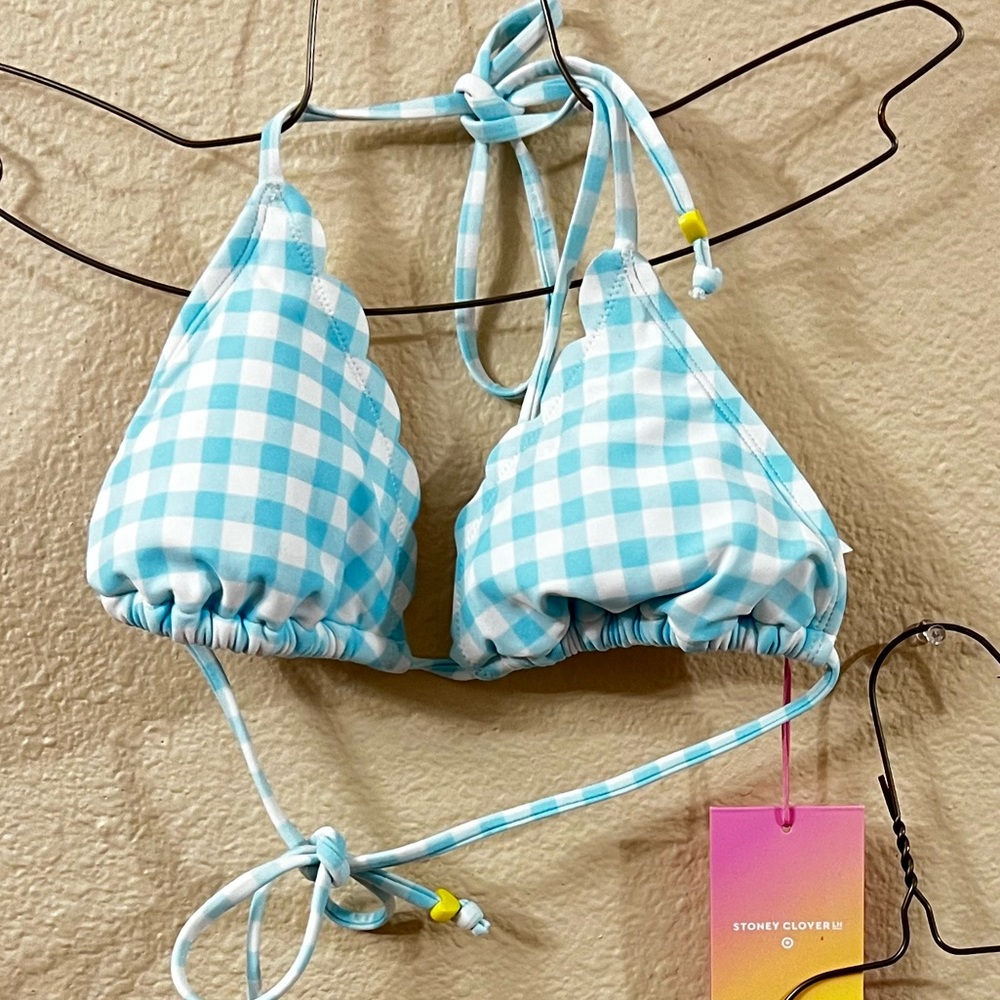 Scalloped Baby Blue Gingham Bikini Top Sz S